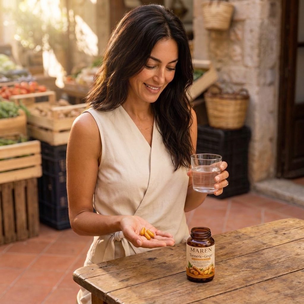 Woman smiling at a sunlit wooden table holding a glass of water with MAREN capsules in hand