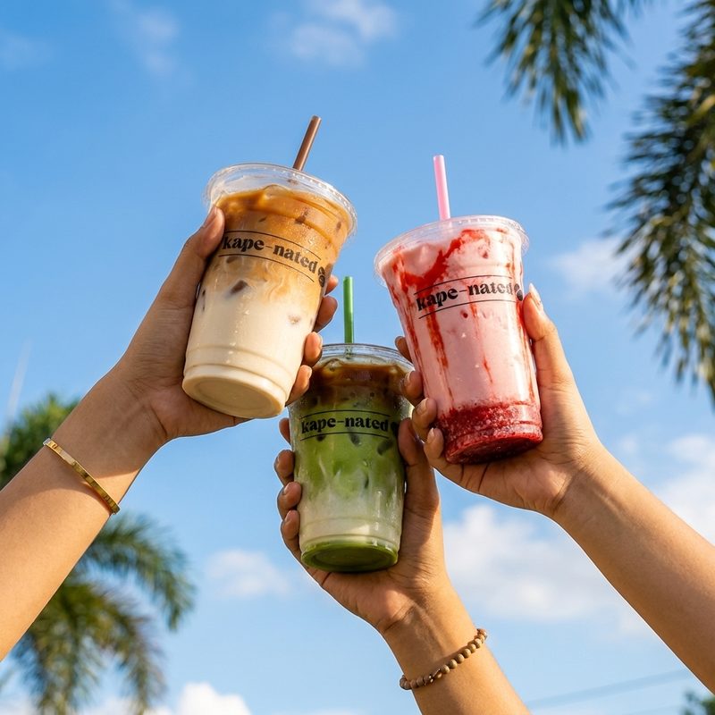 Three Kape Nated drinks raised against blue sky