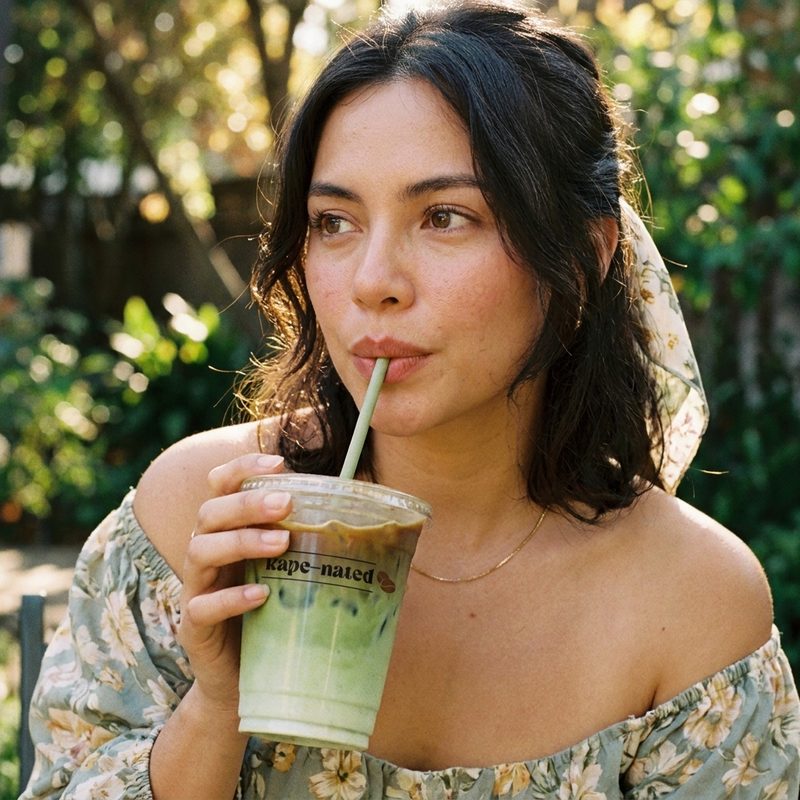 Kape Nated model portrait, sipping matcha, floral scarf