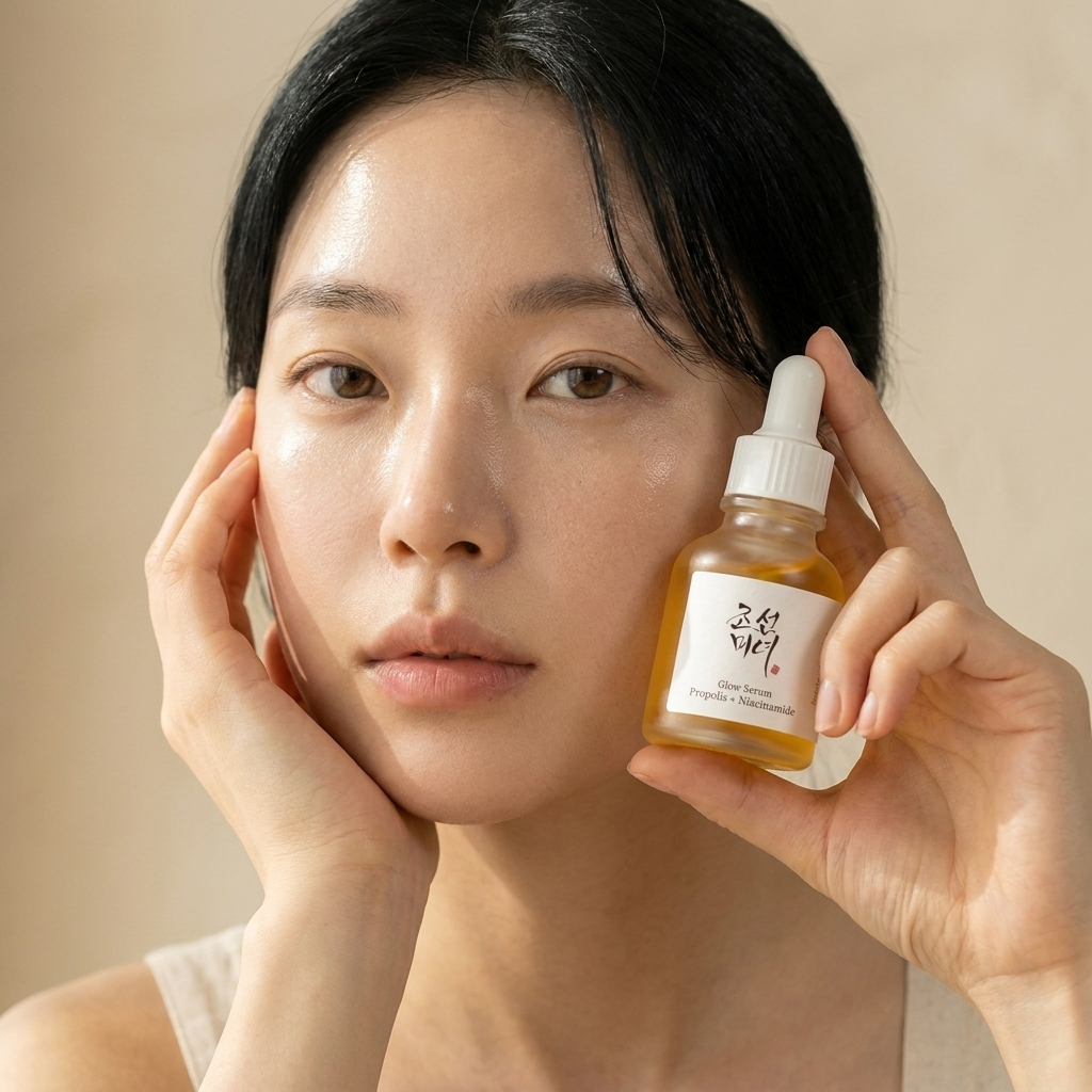 Model holding Beauty of Joseon Glow Serum beside face