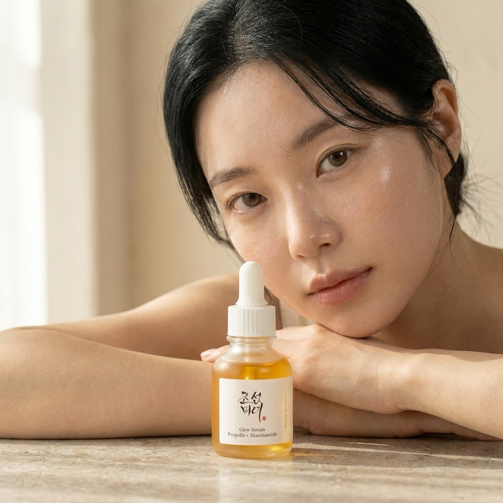Model resting beside Glow Serum in soft window light