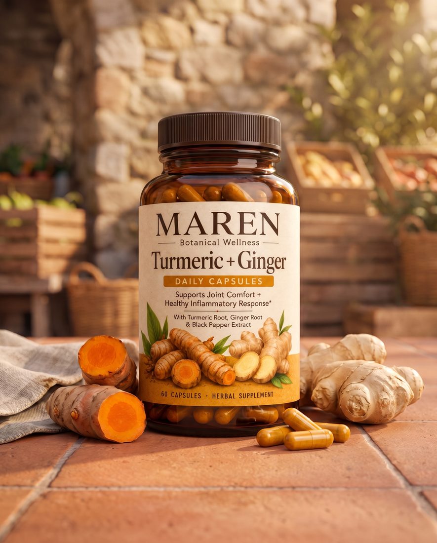 MAREN turmeric and ginger supplement hero product shot with sliced turmeric and ginger