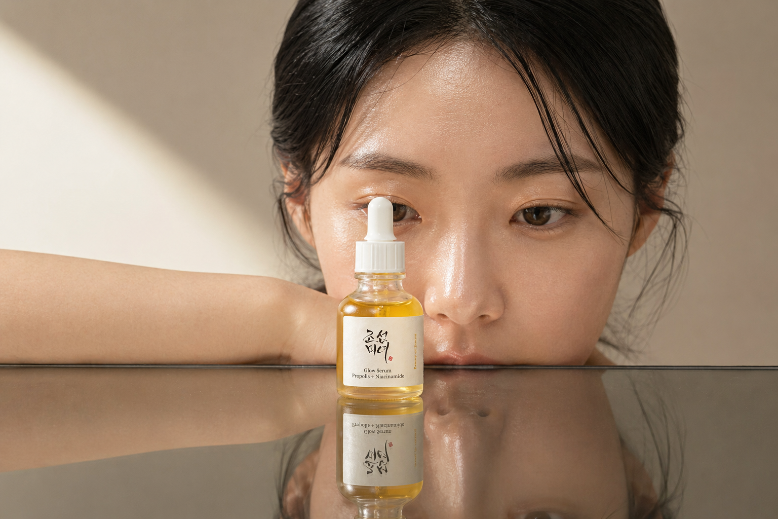 Glow Serum reflected on glossy surface with model behind