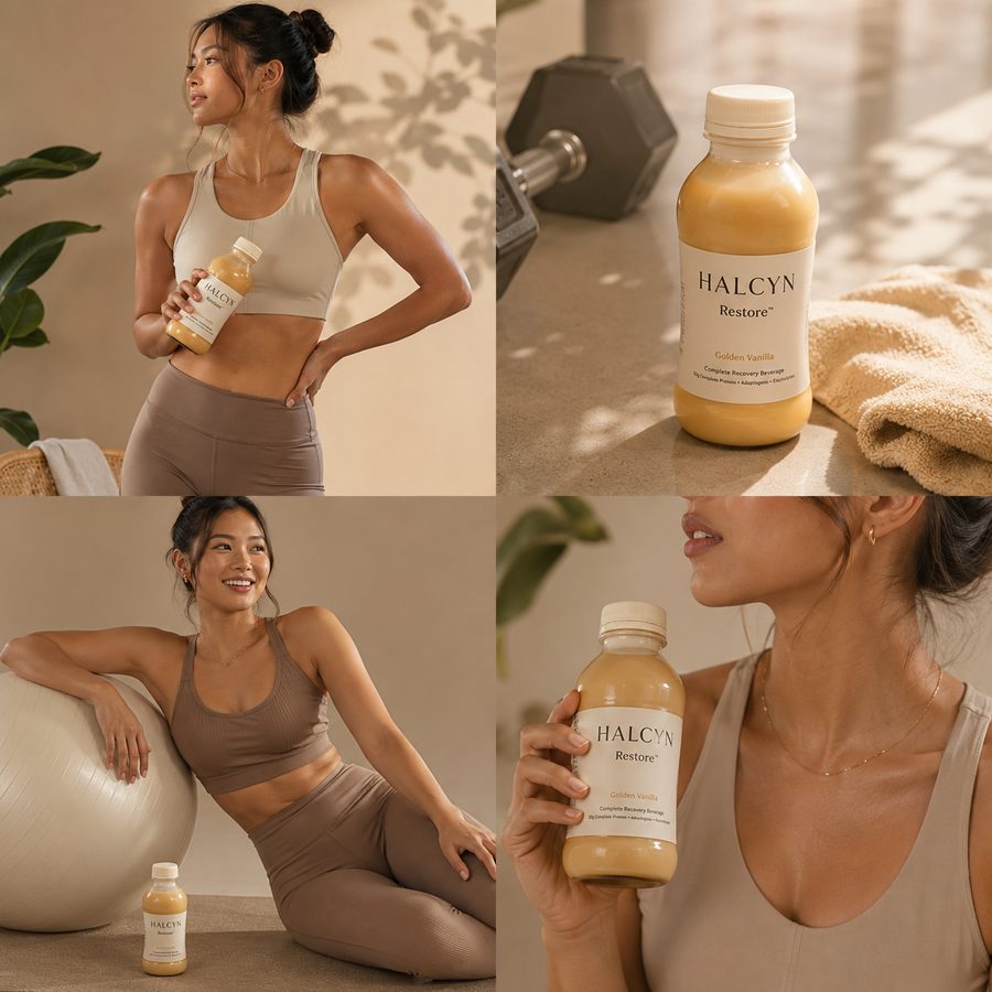 HALCYN campaign snapshot collage, four lifestyle moments