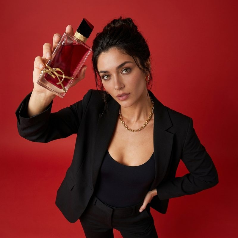 YSL Libre model, confident stance, holding bottle up