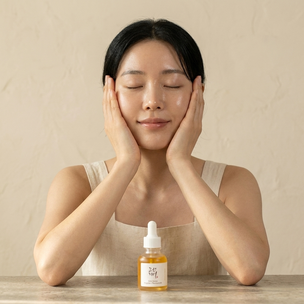 Skincare model pressing hands to glowing skin with serum in foreground