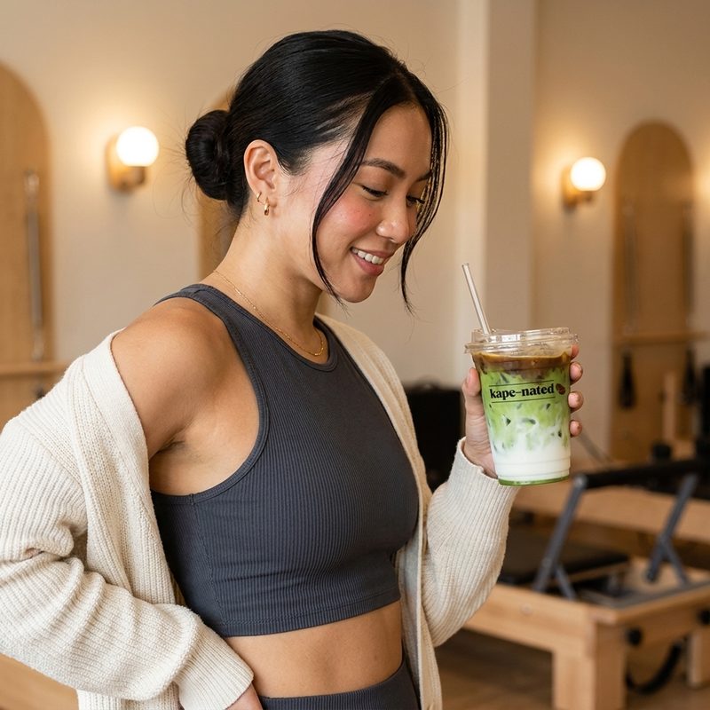 Kape Nated model holding matcha in Pilates studio
