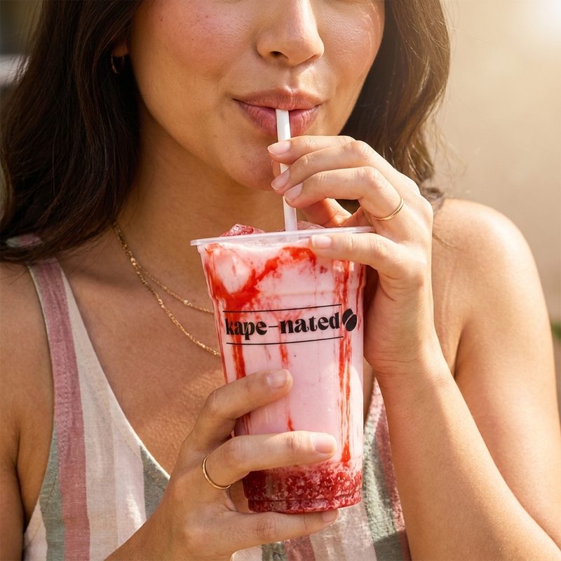 Kape Nated strawberry drink detail, close crop