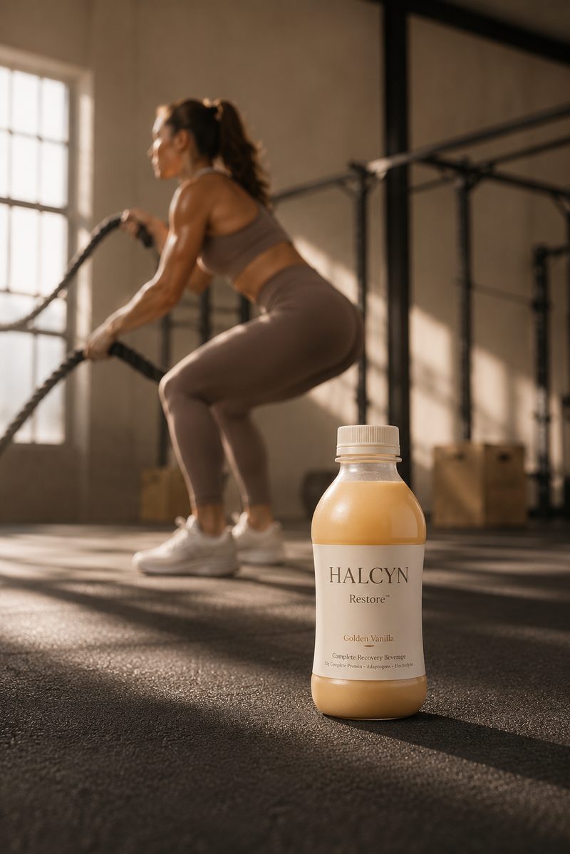 HALCYN model using battle ropes in gym