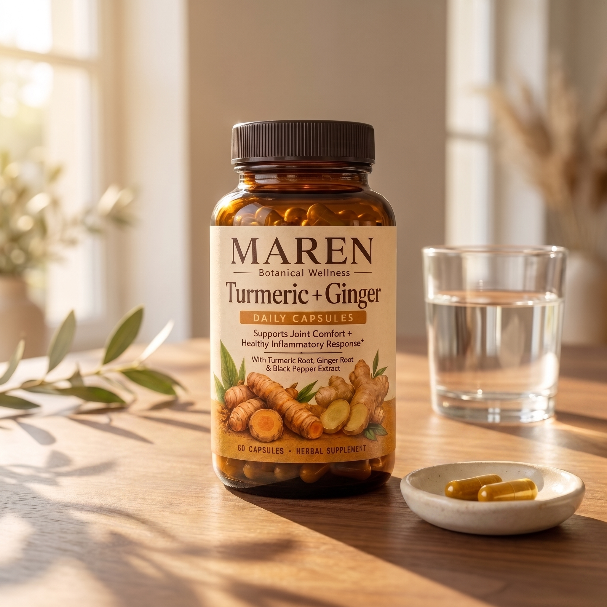 MAREN turmeric and ginger supplement bottle beside water in warm natural light