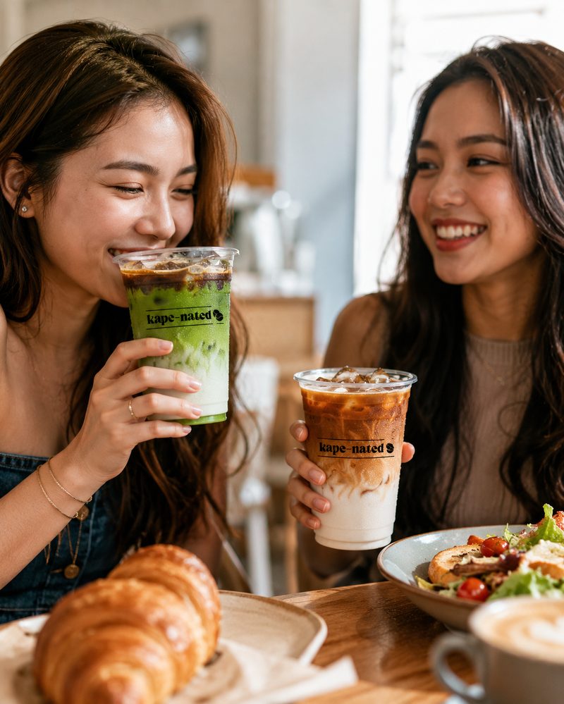 Kape Nated two friends laughing over matcha and iced coffee