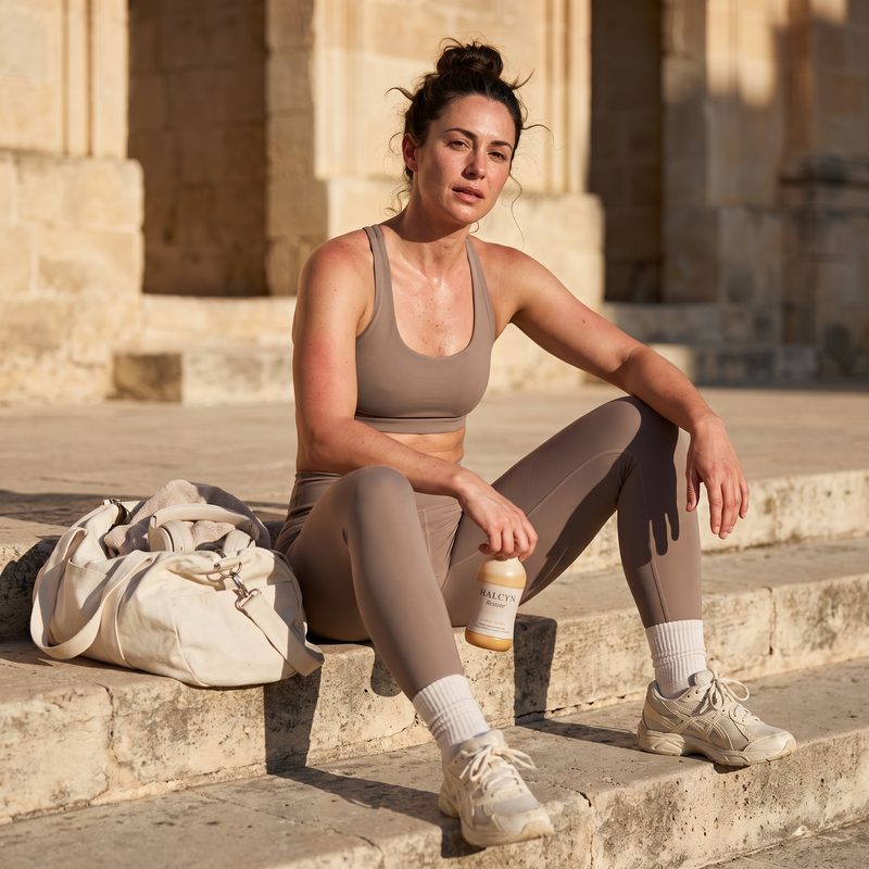 HALCYN model sitting on steps, genuine post-workout fatigue