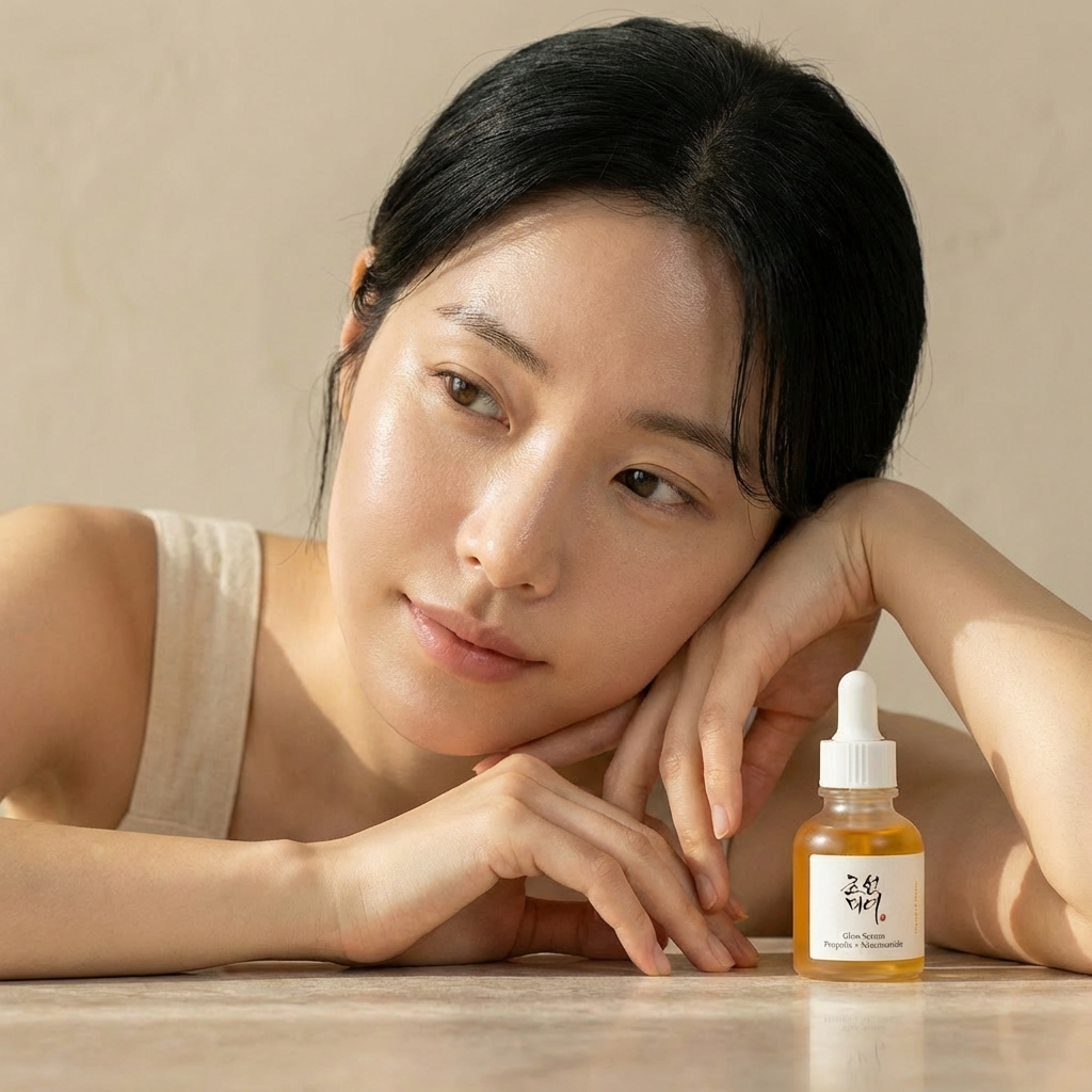 Beauty portrait beside Glow Serum