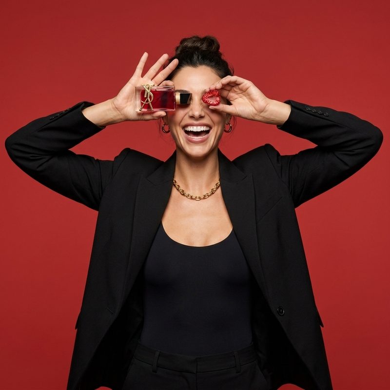 YSL Libre model laughing, genuine moment