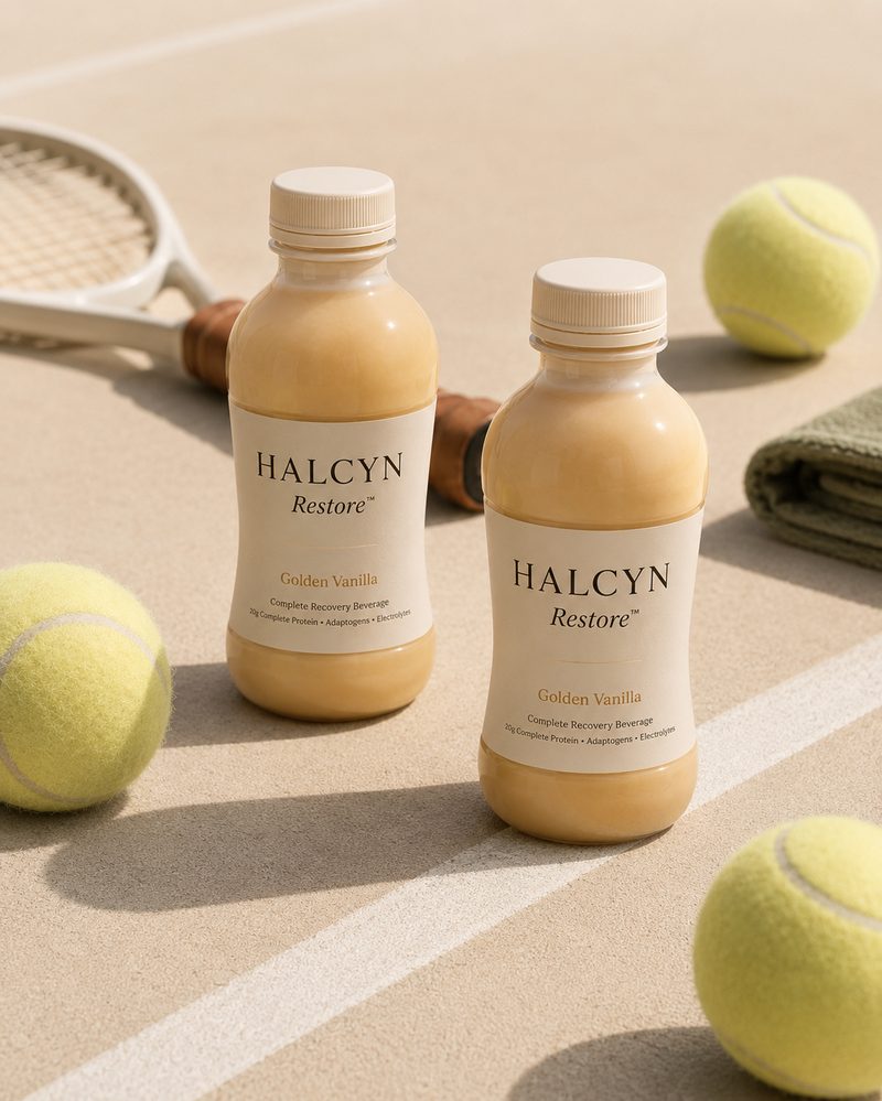 Two HALCYN bottles on tennis court