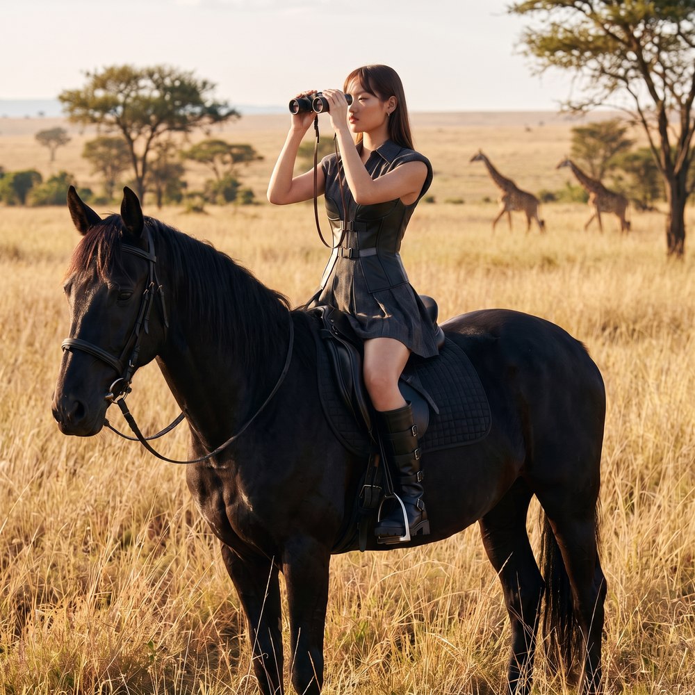 Safari campaign — horseback scene with binoculars
