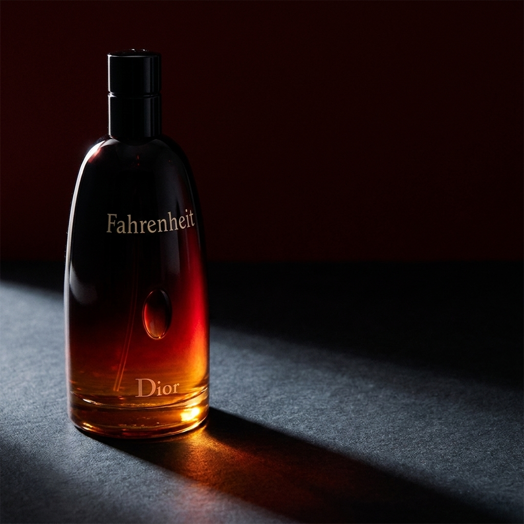 Dior Fahrenheit bottle illuminated by amber light against a dark burgundy background