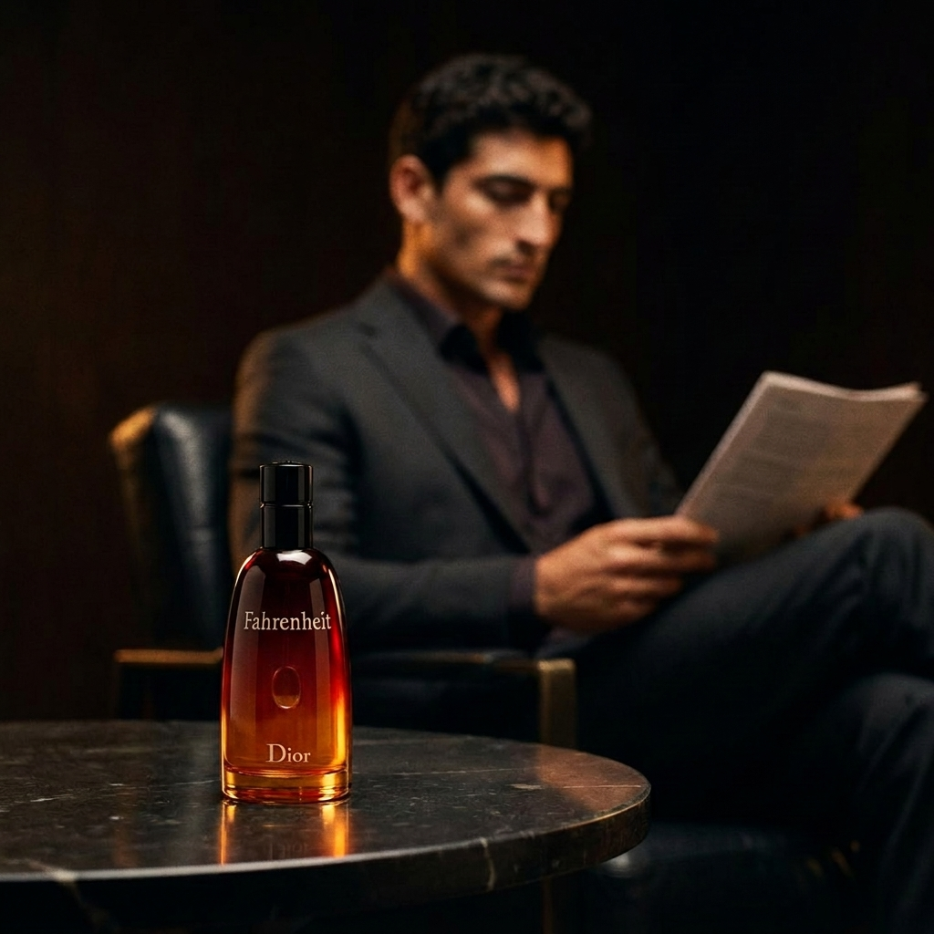 Dior Fahrenheit bottle on a dark table with a suited man reading in the background