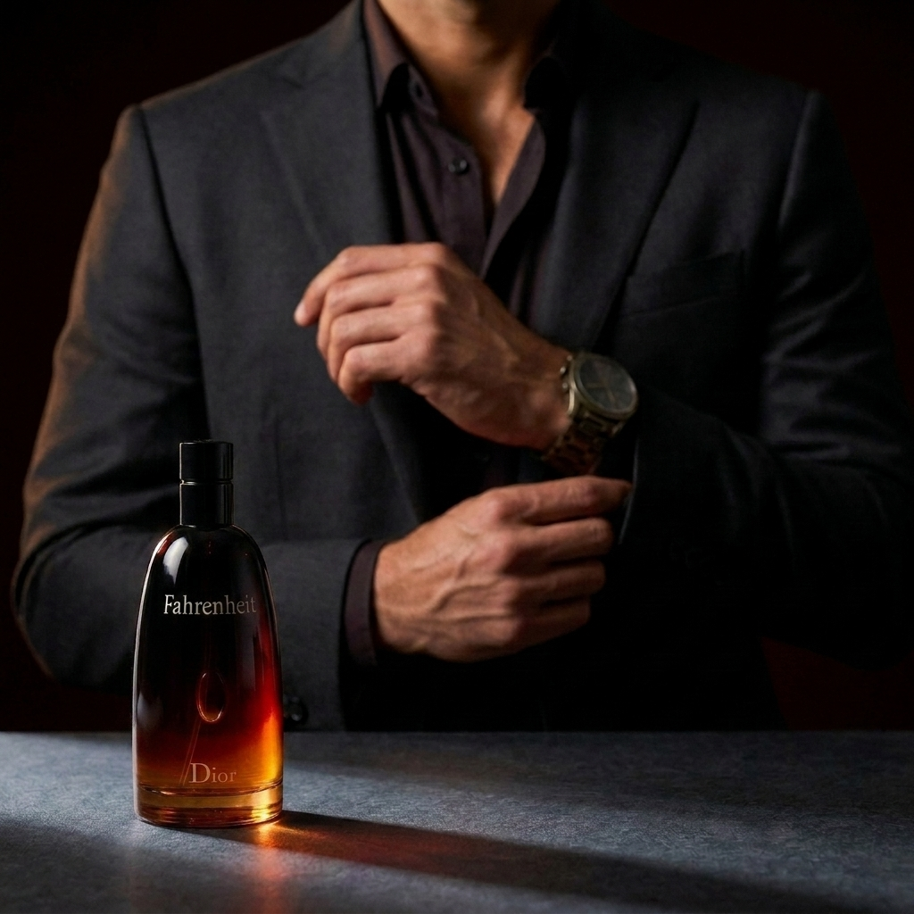 Dior Fahrenheit bottle beside a man adjusting his cuff