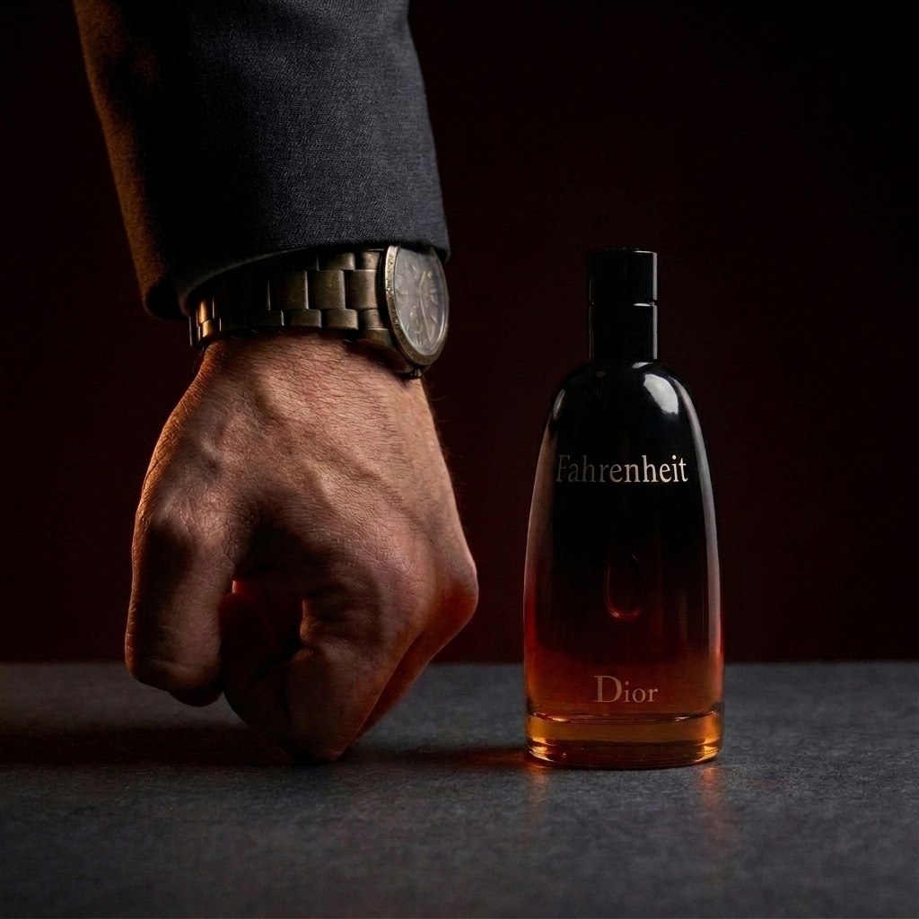 Dior Fahrenheit bottle beside a suited hand and watch