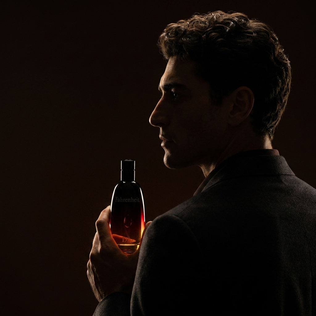 Profile portrait of a man holding Dior Fahrenheit in low light