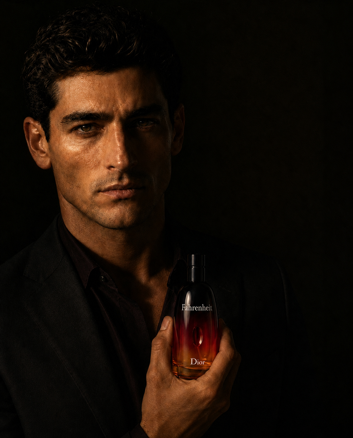 Front-facing cinematic portrait holding Dior Fahrenheit
